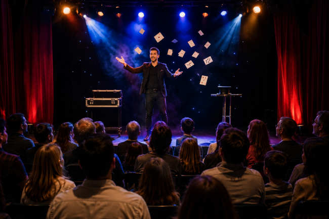 spectacle de magie sur scène devant un public familial